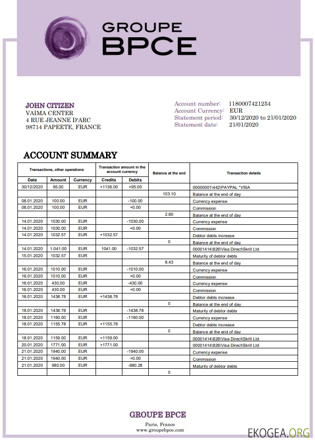 Relevé bancaire France Groupe BPCE